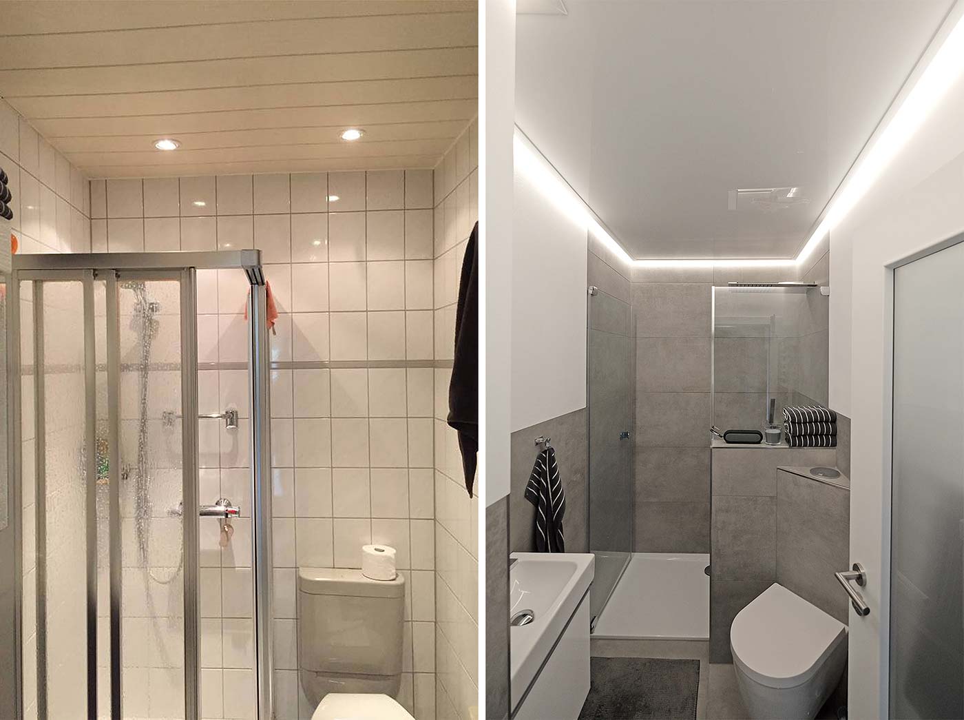 Das Badezimmer im Vorher-Nachhervergleich. Kaum noch wiederzuerkennen dank moderner Fliesen und stylischer PLAMECO-Decke in Hochglanz-Weiß und mit umlaufenden LED-Stripes