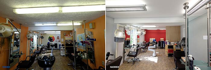 Vorher-Nachhervergleich im Friseursalon in Erndtebrück. Die alte, unebene Decke wurde komplett verkleidet und erstrahlt nur viel heller dank ebener PLAMECO-Decke.