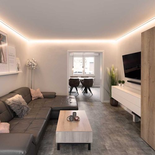 Spanndecke im Wohnzimmer mit umlaufender LED-Line, Plameco Siegen