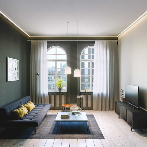 Wohnzimmerdecke mit umlaufender LED-Line und Hängeleuchten, Plameco Siegen